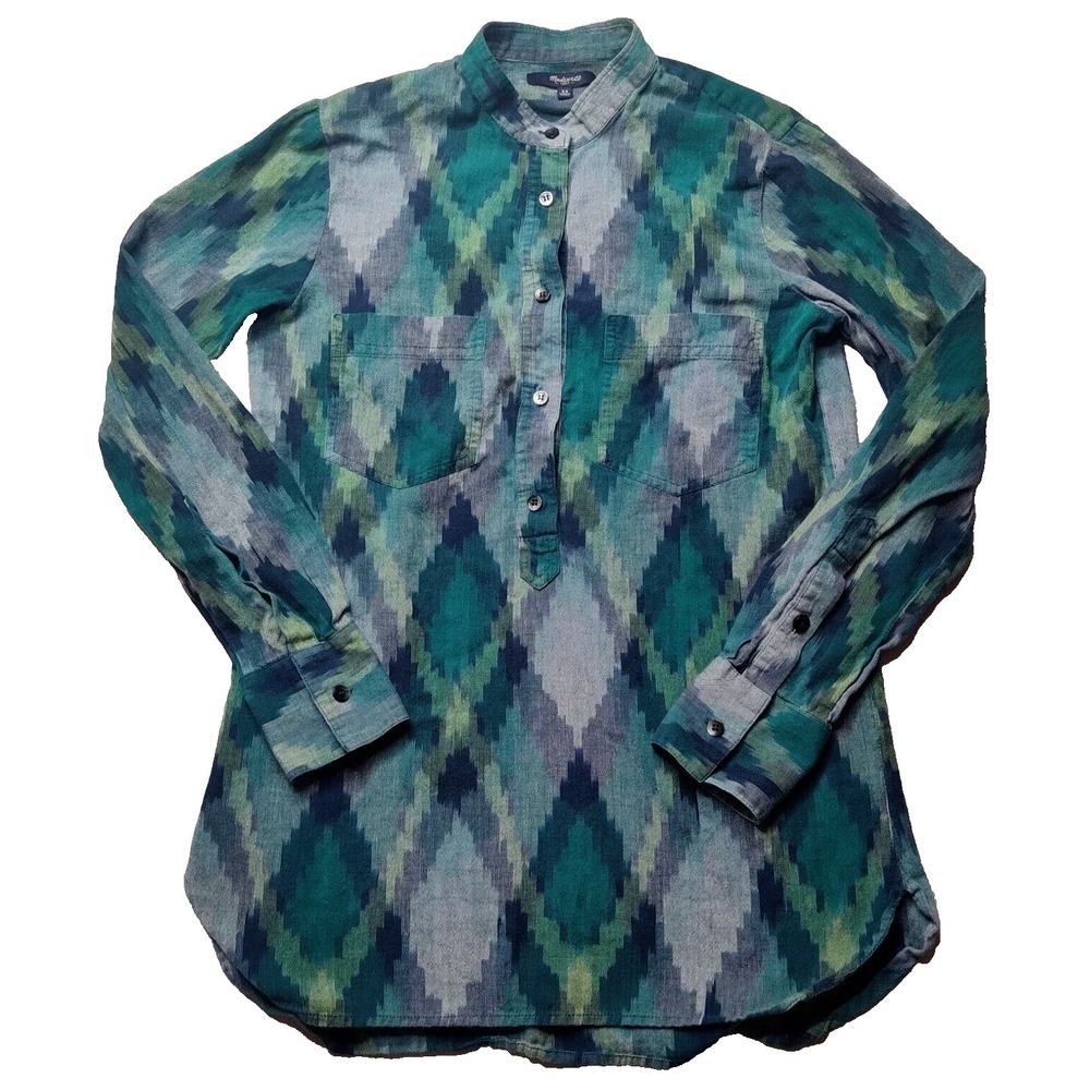 MADEWELL Women Size XS Green Abstract 1/2 Button Pullover Peasant Tunic Top